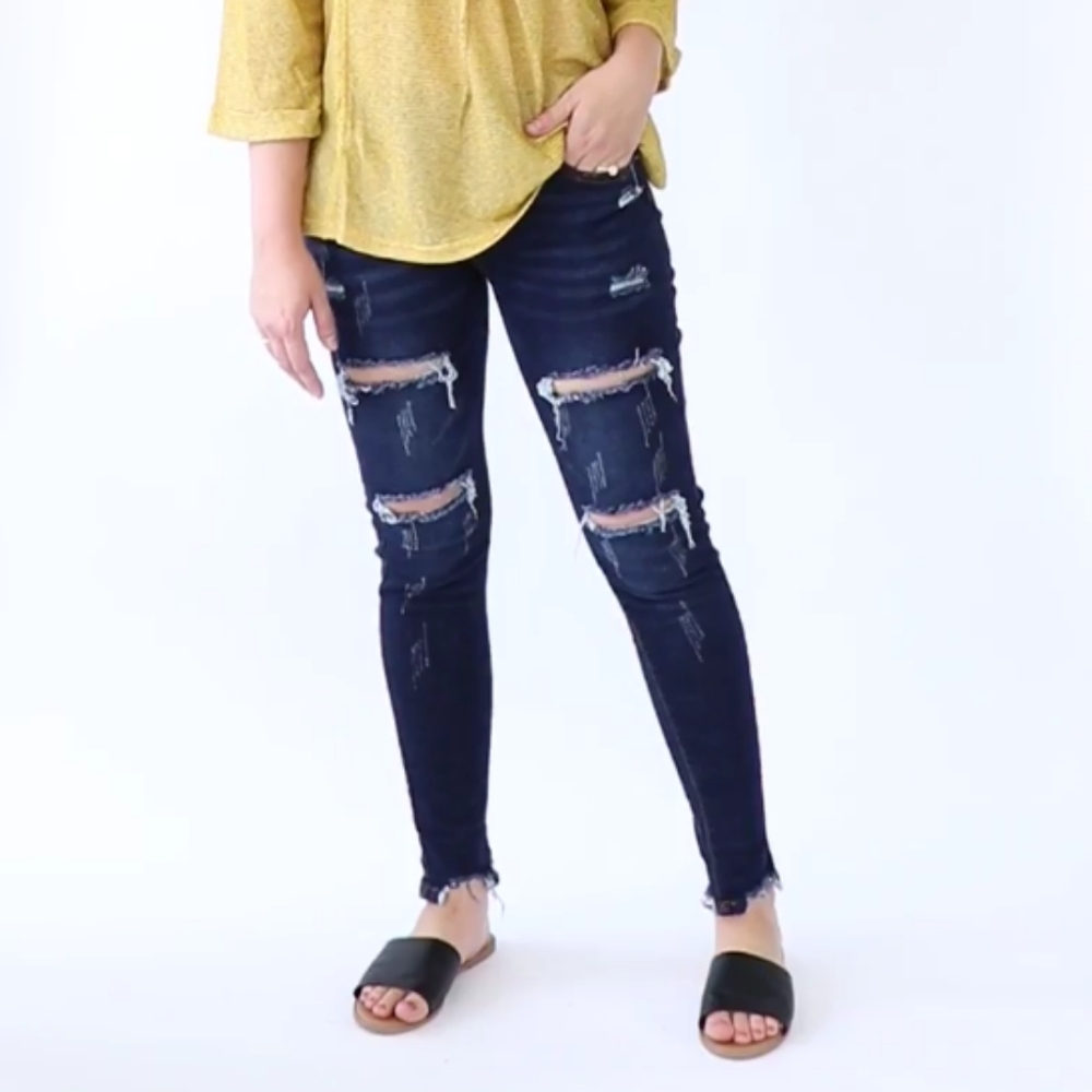 Dark Wash Ripped Skinny Jeans – Frayed Hem, Stretch Fit, All Season